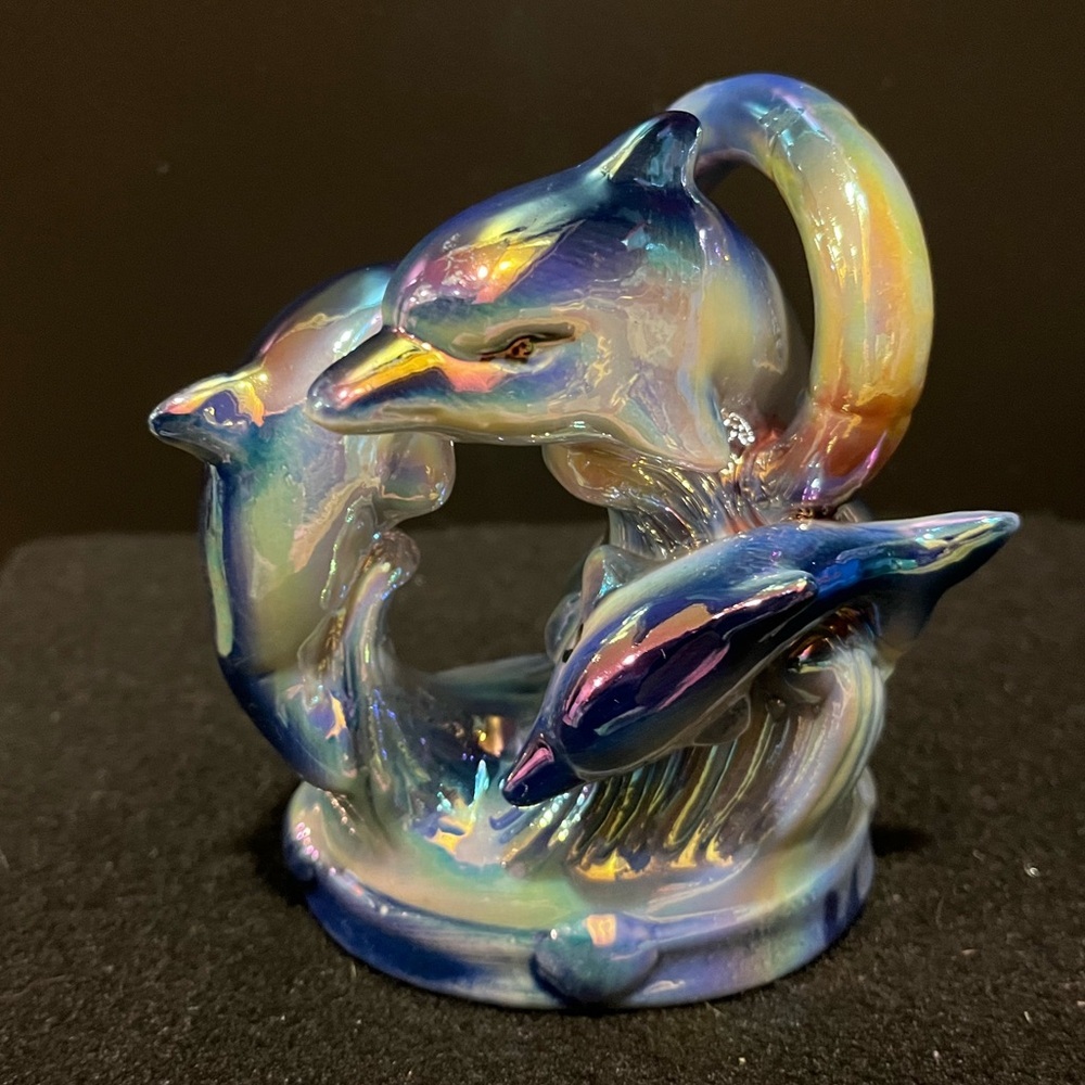 Vintage Dolphins Swimming Through Hoop Iridescent Rainbow Lusterware Figurine - Picture 3 of 12